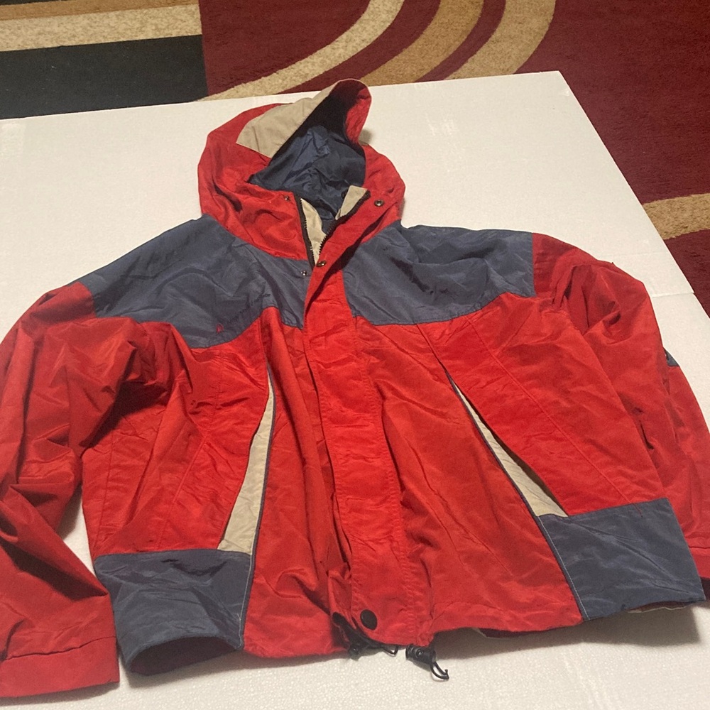 Red and Gray Weather-Resistant Performance Jacket with Hood
